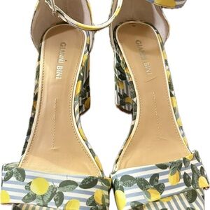 Yellow & Green Lemon Print w/blue & white striped, open toe, ankle strap Heels